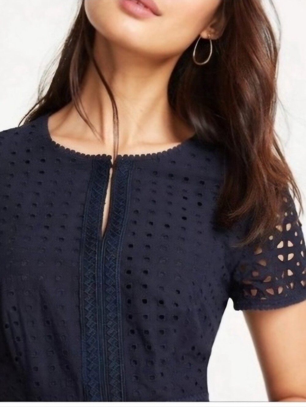 Ann Taylor Mixed Eyelet Flare Dress Cutout Details 0 Navy Wedding Work Event - Picture 8 of 14